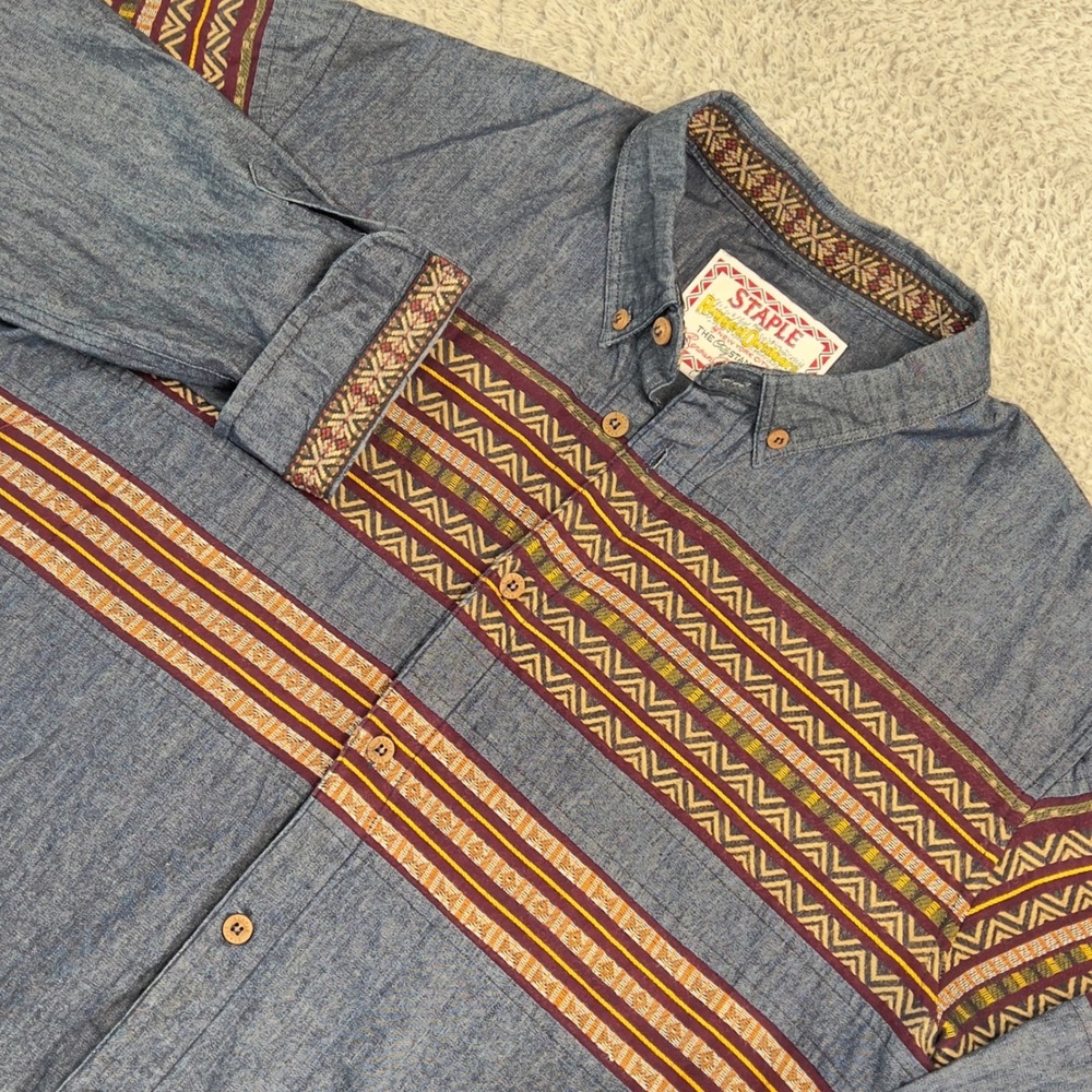 Staple Pigeon Mens Shirt Long Sleeve Aztec Southwestern Pattern Denim